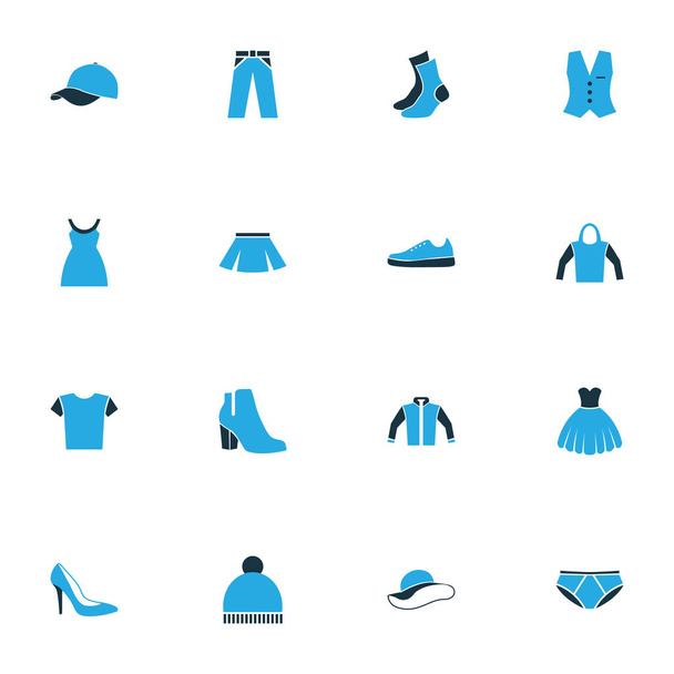 Kledingstuk kleurrijke Icons Set. Collectie van Vest, muts, T-Shirt en andere elementen. Ook symbolen zoals onderbroeken, tuniek, schoenen. - Vector, afbeelding