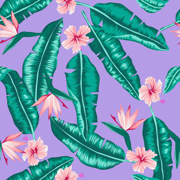 vector seamless graphical banana leaves with flowers pattern - Vektor, obrázek