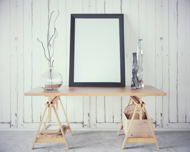 Wooden table with blank poster  - 写真・画像