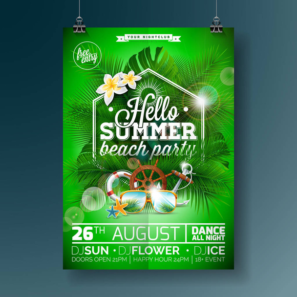 Vector Summer Beach Party Flyer Design met typografisch ontwerp op natuur achtergrond met palm bladeren. - Vector, afbeelding