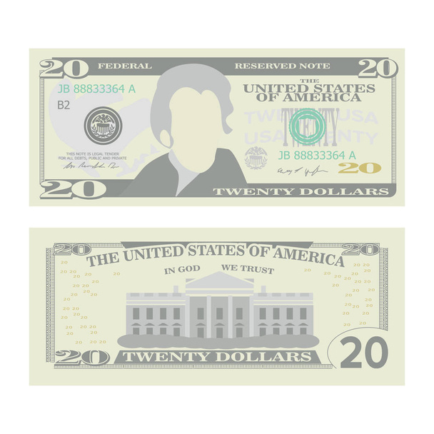 20-Dollar-Schein-Vektor. Karikatur unserer Währung. zwei Seiten von zwanzig amerikanischen Geldscheinen isolierte Illustration. Bargeldsymbol 20 Dollar - Vektor, Bild