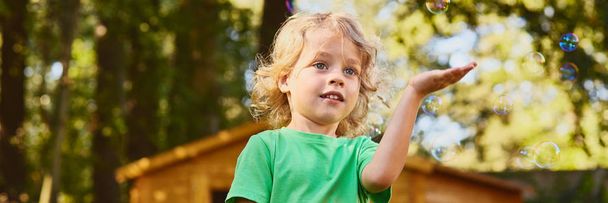 Little boy playing with soap bubbles - Photo, Image