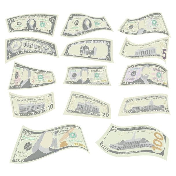 Set de Dólares Voladores. Vector. Two Sides Of American Money Bill Ilustración aislada. Dinero en efectivo volador. Cada denominación de la moneda estadounidense
. - Vector, Imagen