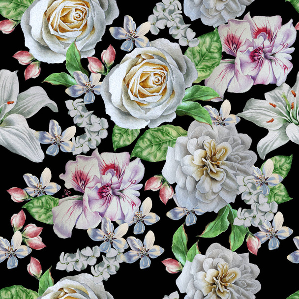 Seamless pattern with beautiful flowers. Rose. Peony. Lilia. - Photo, image