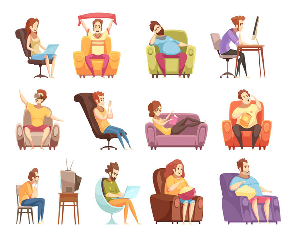 Set di icone del cartone animato retrò stile di vita sedentario
 - Vettoriali, immagini