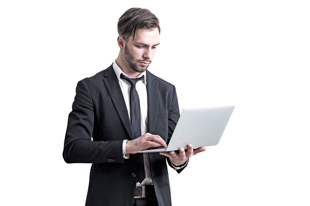 Giovane uomo d'affari con un computer portatile, isolato
 - Foto, immagini