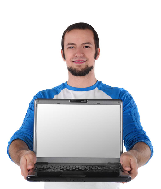 Estudiante mostrando pantalla portátil
 - Foto, Imagen
