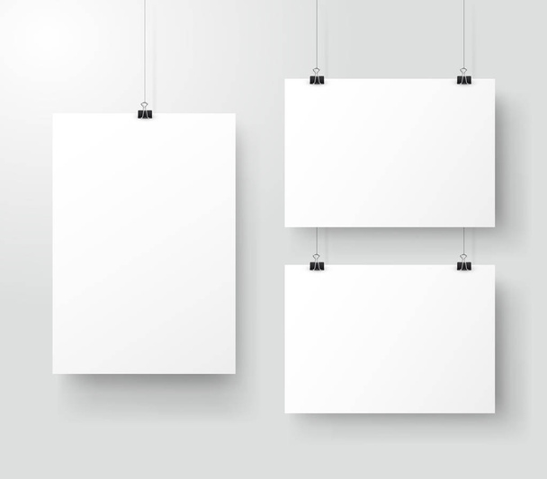 Λευκό αφίσα κρέμονται σε ντοσιέ. Γκρίζο τοίχο με χλεύη επάνω κενό κενό χαρτί. Διάταξη κοροϊδεύω. Κάθετες και οριζόντιες πρότυπο φύλλο. Εικονογράφηση διάνυσμα - Διάνυσμα, εικόνα