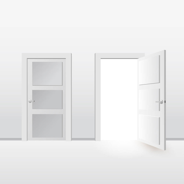 白いドアを閉じて、開く。灰色の背景上に分離。フラット スタイルのデザインのベクトル図. - ベクター画像