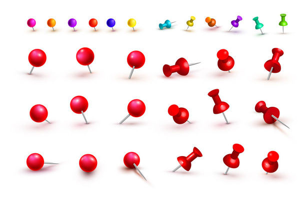 Collection of various red and colorful push pins. Thumbtacks. Top view. Front view. Close up. Vector illustration. Isolated on white background. - Vector, Image