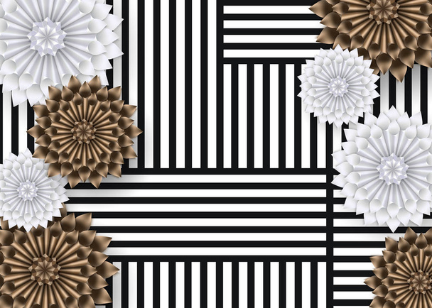 White and gold paper flowers on striped background. Vector illustration. - Διάνυσμα, εικόνα