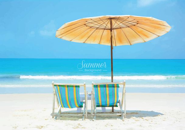 Beautiful summer beach with beach chairs and umbrella - vector - Vector, Image