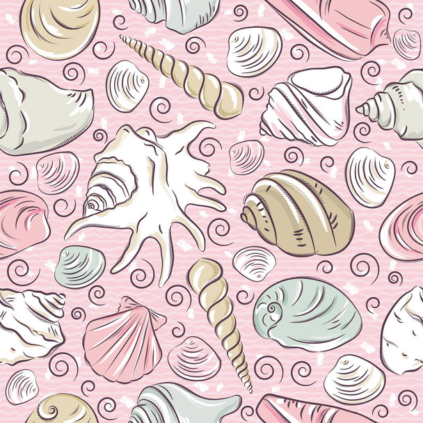 Seamless Patterns with  summer symbols, shellfish and clams  on  - Vector, imagen