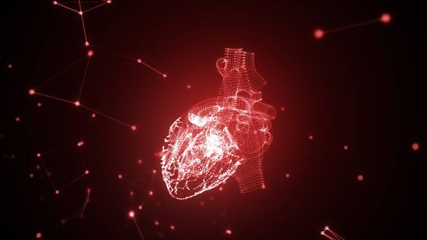 İnsan kalbinin parçacıklar döndürerek oluşur. 3D çizim - Fotoğraf, Görsel