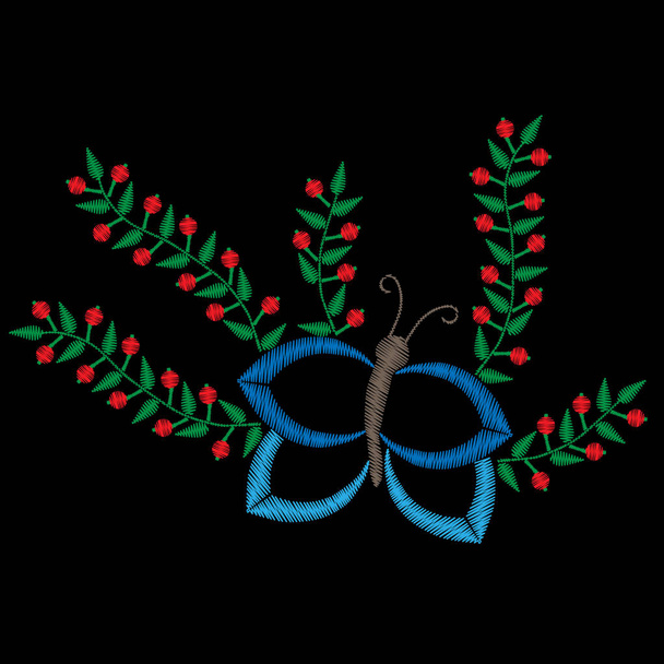 Butterfly and brunch with red berry embroidery stitches imitatio - Vector, Image