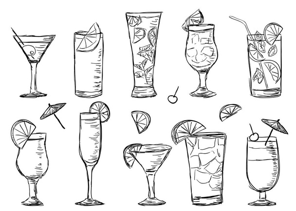 Tropical exotic cocktails, doodle style - Vector, Image