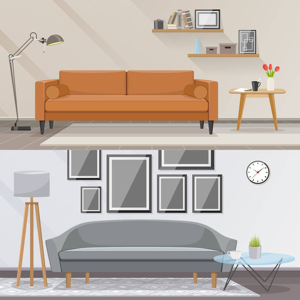 Elements of interior and living room furniture vector concept. Stylish interior design - Vektör, Görsel