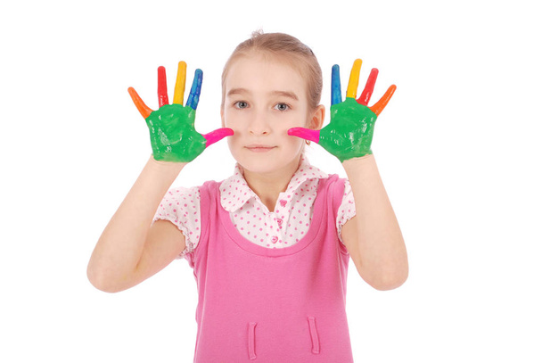 Krásná holčička s rukama v barvě - Fotografie, Obrázek