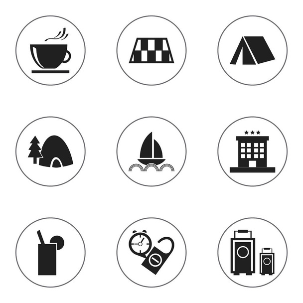 Set van 9 bewerkbare vakantie iconen. Bevat symbolen zoals rusttijden, Luxe Inn, jacht en meer. Kan worden gebruikt voor Web, Mobile, Ui en Infographic Design. - Vector, afbeelding