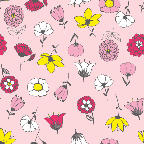 Vector seamless floral texture with hand drawn sketch flowers in pink tones. - Vector, Imagen