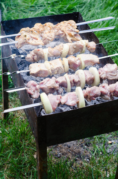 Shashlik marinado ou kebab shish, carne crua grelhando em espeto de metal, de perto. Foco seletivo
 - Foto, Imagem