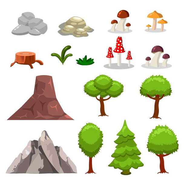 Cartoon nature landscape elements set, trees, stones and grass clip art, isolated on white background. Flat and cartoon style. Vector illustration. - Vector, Image
