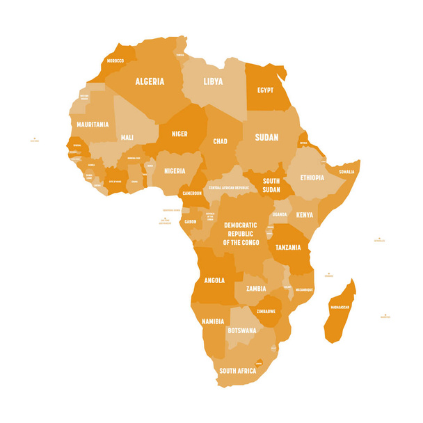 Πολιτικός χάρτης της Αφρικής σε τέσσερις αποχρώσεις του πορτοκαλιού με λευκές ετικέτες ονομάτων χωρών σε λευκό φόντο. Εικονογράφηση διανύσματος - Διάνυσμα, εικόνα