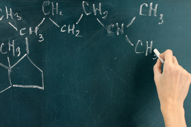 Chemical structure formula written on blackboard with chalk. - Foto, Imagen