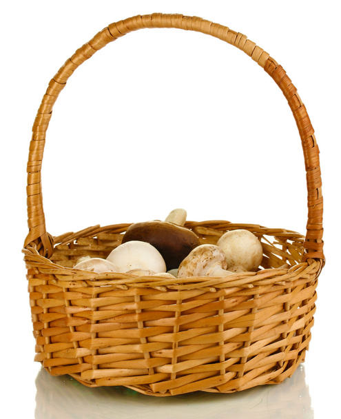 Fresh mushrooms in basket isolated on white - Photo, Image