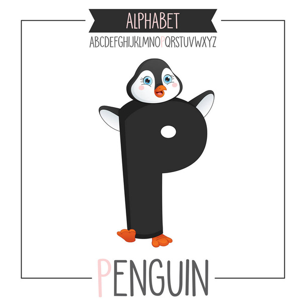 Illustrated Alphabet Letter P And Penguin - Vector, Image