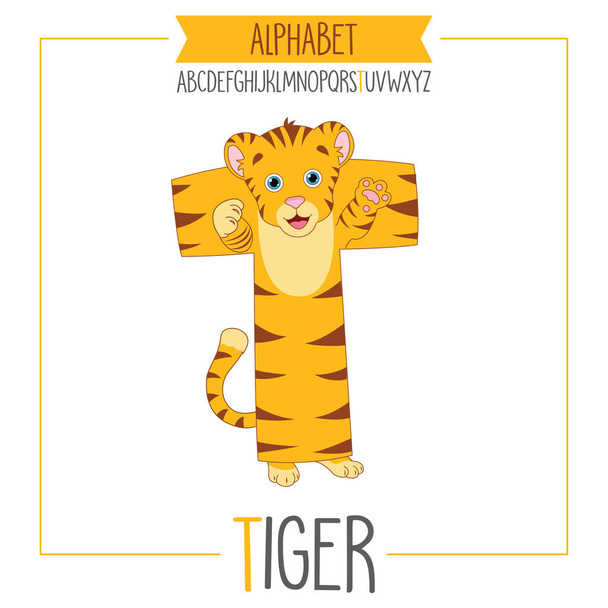 Illustrated Alphabet Letter T And Tiger - Vector, Image
