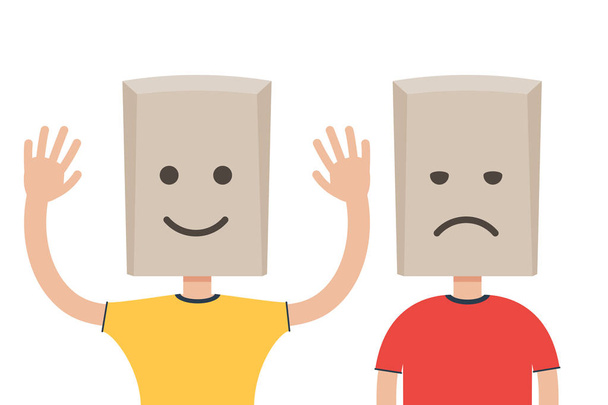 Man with a paper bag with sad and happy smiley on his head. Emotions concept. Vector illustration in flat style isolated on white background - Vektor, obrázek