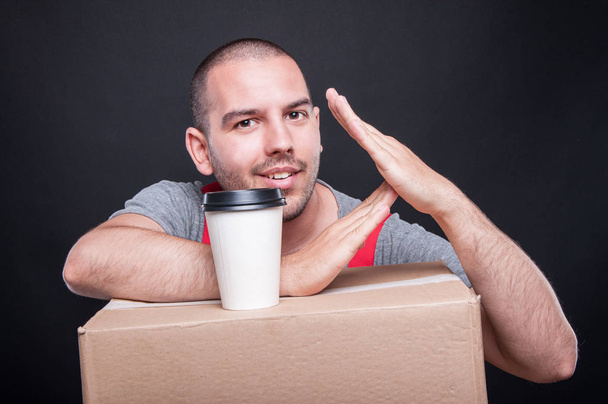 Mover guy making time out gesture having coffee - Photo, Image