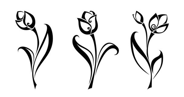 Black silhouettes of tulip flowers. Vector illustration. - Vektör, Görsel
