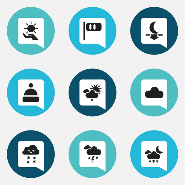 Készlet 9 szerkeszthető éghajlat ikonok. Magában foglalja a szimbólumok, mint például Hold, fagyos, Twilight, és több. Lehet használni a Web, mobil, Ui és Infographic Design. - Vektor, kép