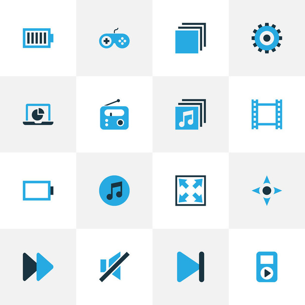 Multimedia kleurrijke Icons Set. Collectie van volle batterij, vergroten, speler en andere elementen. Ook symbolen zoals Radio, Full, vergroten/verkleinen. - Vector, afbeelding