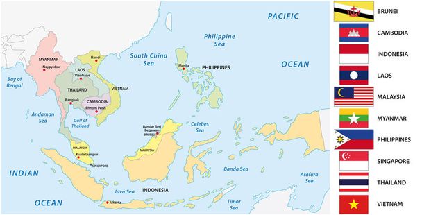 Ένωση των χωρών Νοτιοανατολικής Ασίας (Asean) Χάρτης με σημαίες - Διάνυσμα, εικόνα