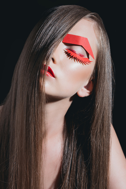 fashionable woman with paper makeup - 写真・画像