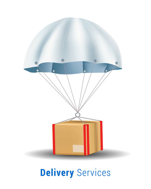 Pakket vliegen op parachute. Leveringsdiensten en E-Commerce Concept. - Vector, afbeelding