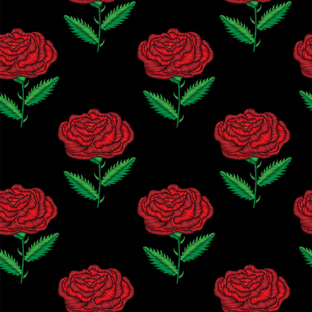 Bordado puntadas imitación patrón sin costuras con rosa roja grande
 - Vector, imagen
