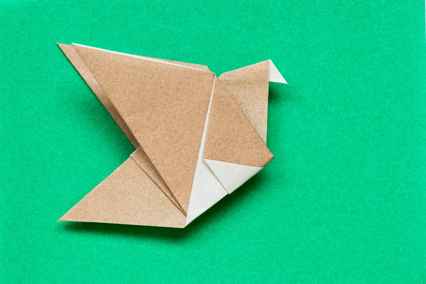 Brown origami paper in flying bird shape on green background - Photo, Image
