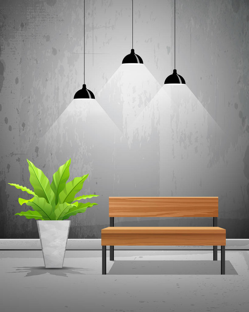 Vector tropical tree in cement pots with wooden chair in and black ceiling lamp  - Vector, Image