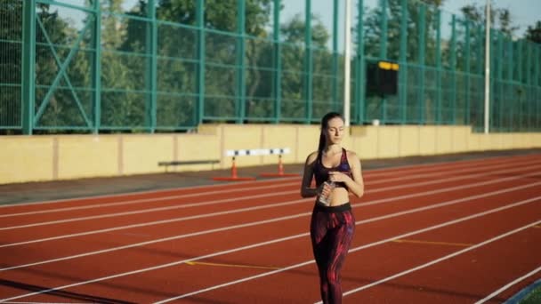 Young sporty woman athlete drinking water on stadium track in evening. Healthy lifestyle concept. - Video