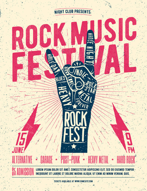 Rock Festival Flyer juliste. Vintage tyylitelty vektori kuva
. - Vektori, kuva