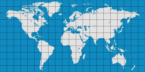 座標グリッドの世界地図と地球の子午線とパラレルの地図 - ベクター画像