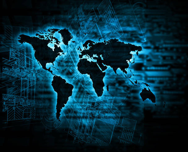 Kaart van de wereld op een technologische achtergrond, gloeiende lijnen symbolen van het Internet, radio, televisie, mobiele en apparatuur voor satellietgrondstations. - Foto, afbeelding