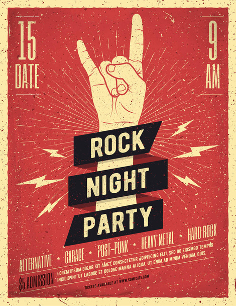 Rocknacht-Party-Plakat. Vintage-Vektor-Illustration. - Vektor, Bild