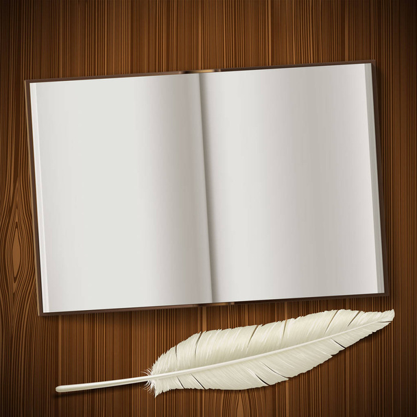 Notepad and feather on wooden table. - Вектор,изображение
