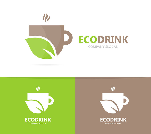 logo-combinatie, koffie en blad. Drankje en eco-symbool of pictogram. Unieke biologische cup en thee logo ontwerpsjabloon. - Foto, afbeelding