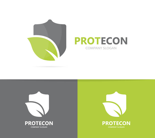 シールドとリーフのロゴの組み合わせ。セキュリティと環境のシンボルまたはアイコン。ユニークな保護と有機のロゴタイプのデザイン テンプレート. - 写真・画像